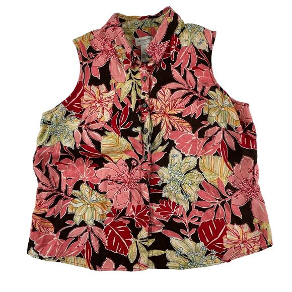 AMELIA | Liz Claiborne Petite 16 100% Linen Brown Pink Floral Sleeveless Top - Picture 1 of 6